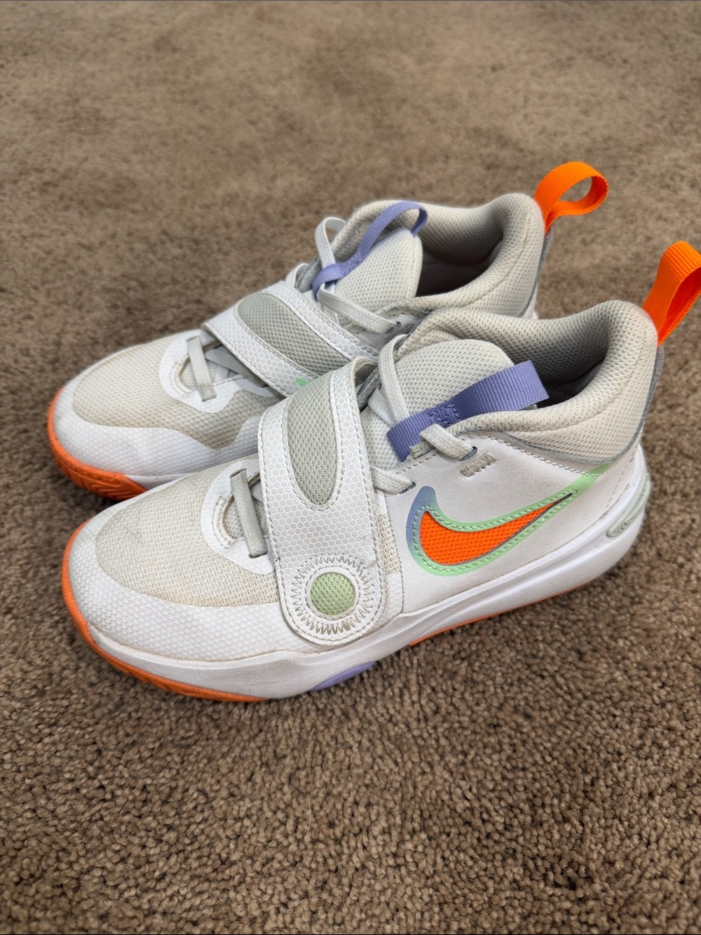 Nike Kids White Sneakers with Orange & Green Swoosh and Purple Pull Tabs
